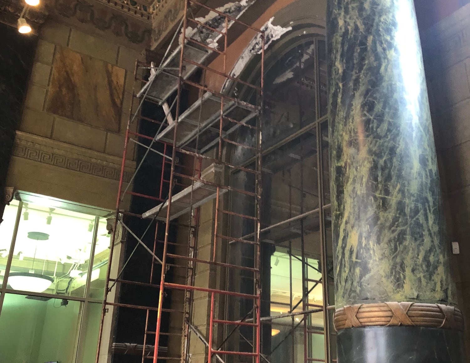 Interior stone column restoration by Mason One, Rocky River OH